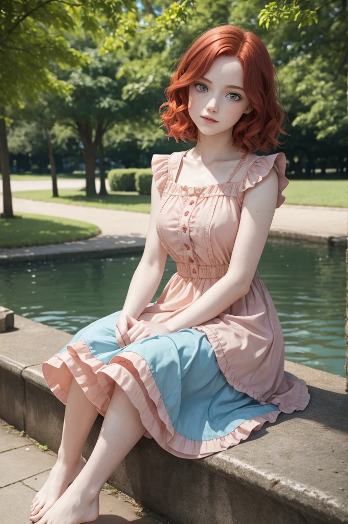 red wavy bob hair, one teen girl, pale skin, blue eyes, short frilled peach color dress, barefoot, in the park, sitting portrait