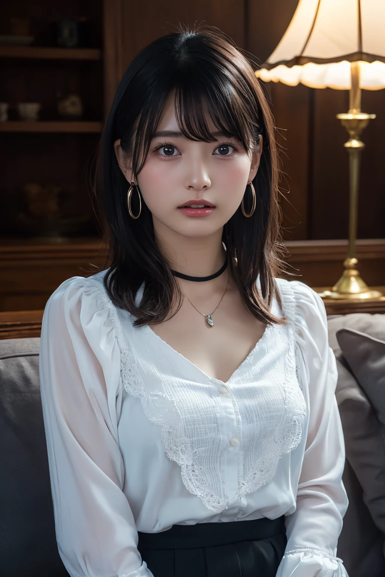 (Highest quality:1.4),(masterpiece:1.4),(Realistic:1.4),(Realistic:1.2),(超High resolution, RAW Photos:1.4),(High resolution, Ultra-detailed:1.2),(8K:1.2),View your viewers,Cinematic photography,One girl,skeletally correct,Black-haired woman,(Small earrings,necklace,Devil Cosplay,View from the front),(Western-style building interior,Dimly lit room,The lamplight shines on my cheeks,Sit on the sofa)