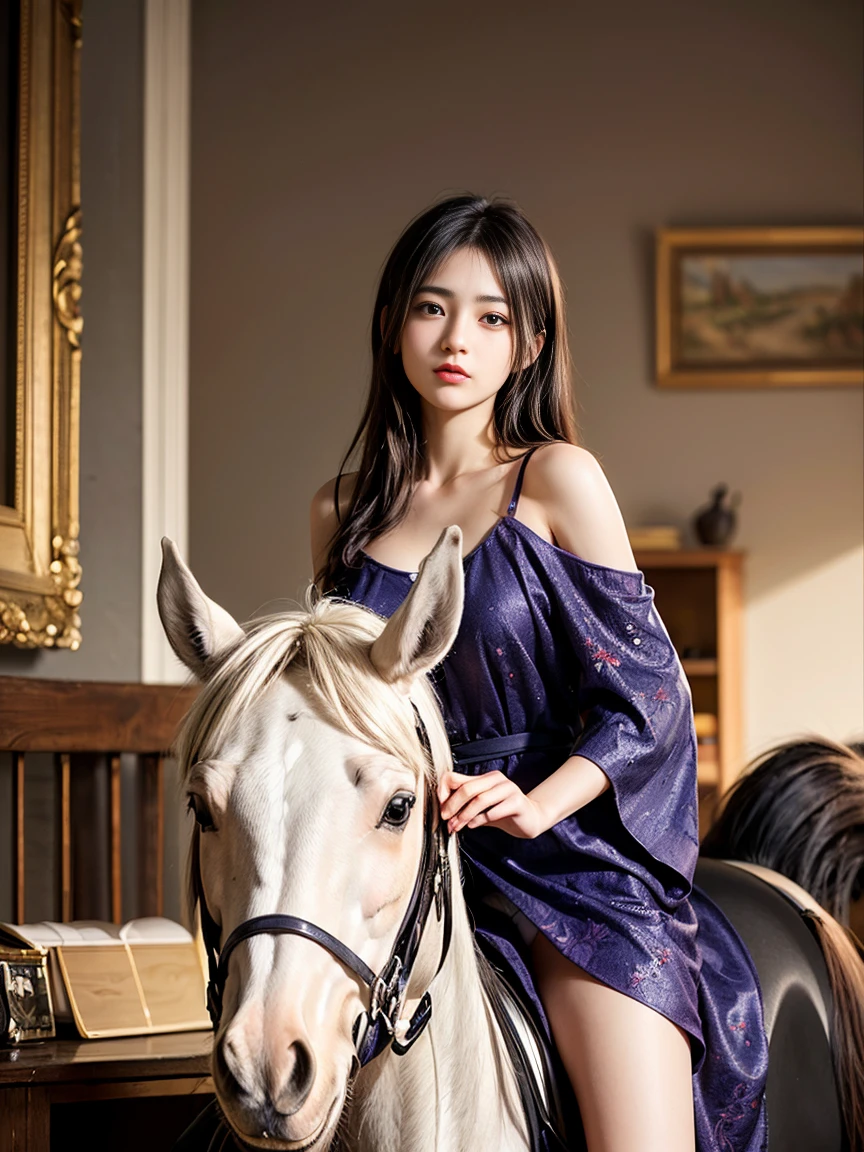 Zerg Queen beautiful girl: Ranlinger, 18-year-old, (horse riding騎手:1.3), Messy Hair, Oil, romanticism painting, beautiful Perfect Face, Soft Skin, Perfect Face, Yasutomo Oka&#39;s painting style, Big Breasts, Add light purple and purple, Add Light Red, Intricate details, Splash screen, 8K resolution, masterpiece, (horse riding:1.8), Disheveled Hair, {(horse riding服, Formal Wear:1.8), riding:1.4}