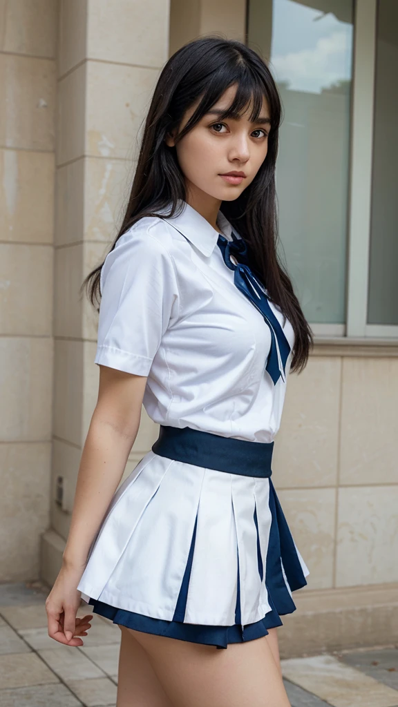 A beautiful girl with straight black hair, Half bangs, king, Brown eyes, dressed in a white uniform and blue skirt