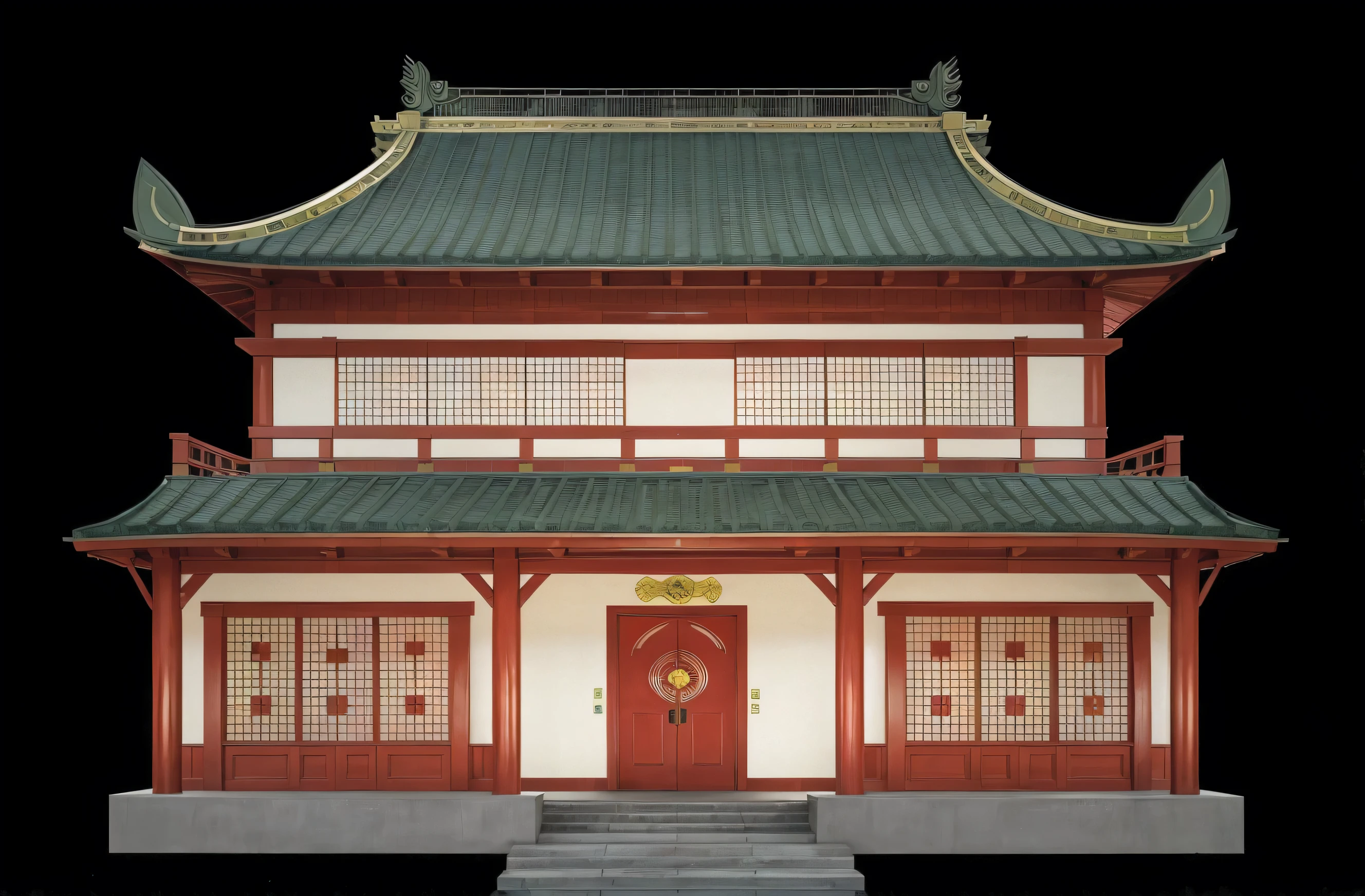 illustration of a traditional chinese house with a red door and a green roof, japanese house, digital painting of a pagoda, chinese building, temple background, zen temple background, japanese temple, an extremely detailed building, inspired by Shūbun Tenshō, artwork in the style of z.w. gu, background depicting a temple, korean traditional palace