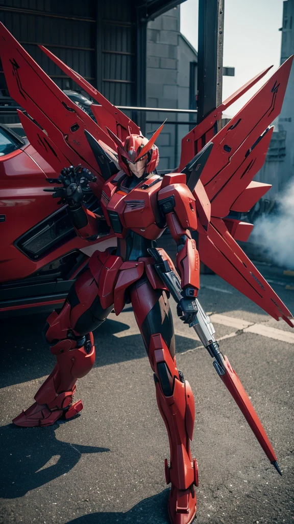，Gundam style，Rich in details，Wearing cold weapons，Crimson and black，The original machine，Wings behind，Fighting Stance，3D Model，complex structure，Add text spray paint and number spray paint on the mecha，Aerodynamic armor