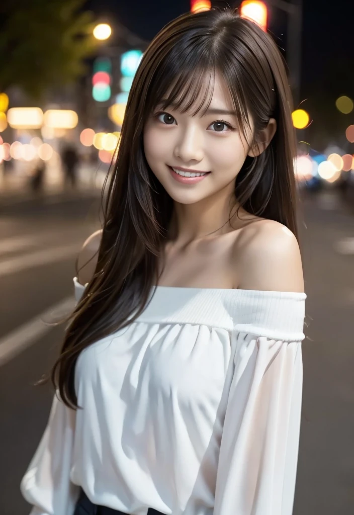 ((City of night:1.3, Outdoor, Photographed from the front))), ((Long Hair:1.3,White Off Shoulder Blouse,smile,Japanese women,cute)), (clean, Natural Makeup), (Highest quality, masterpiece:1.3, 超High resolution), (Very detailedな, Caustics), (Realistic:1.4, RAW shooting), Very detailed, High resolution, 16K resolution