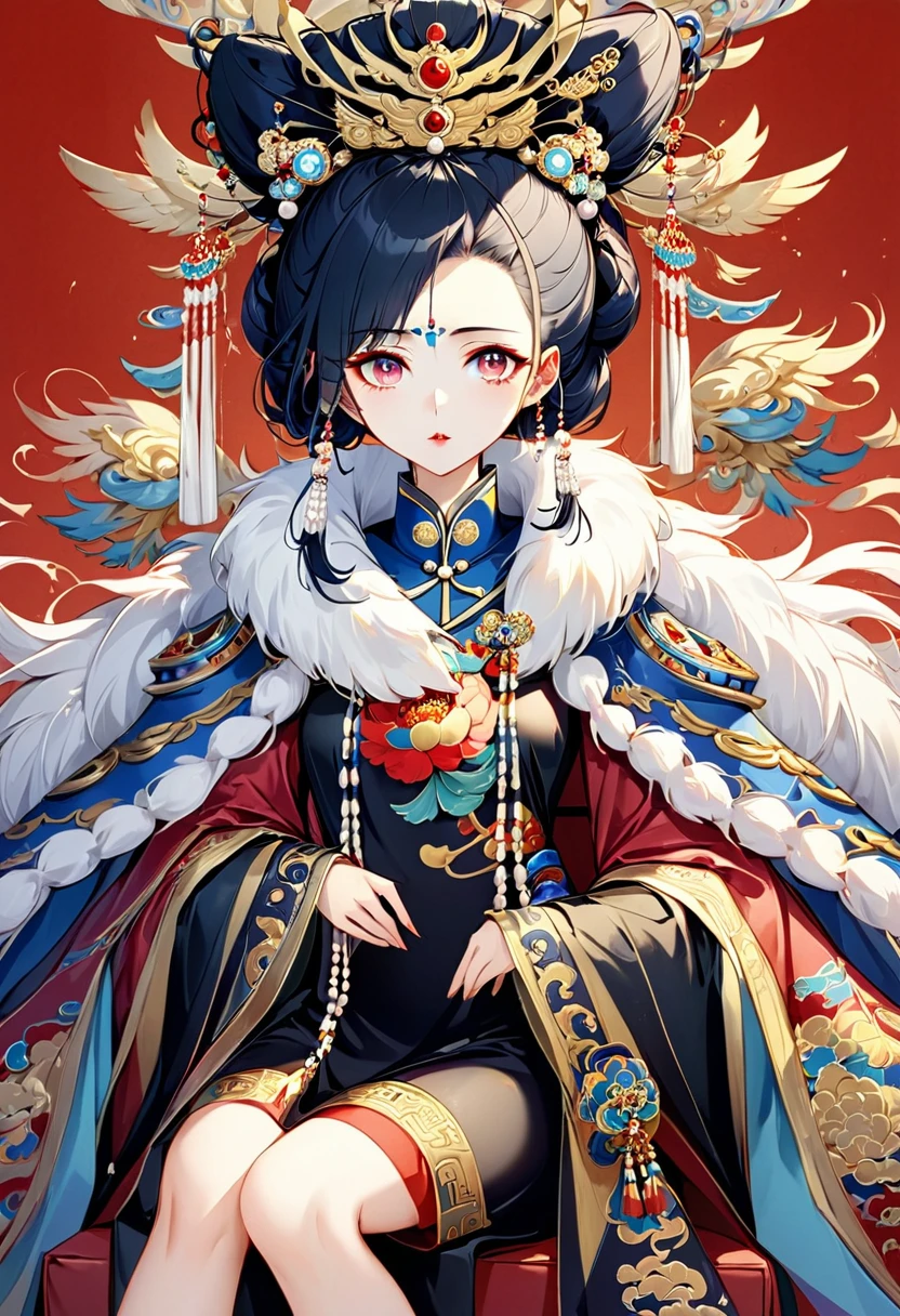 Phoenix Coronet：1.37.Solemn girl portrait，symmetry，Round Face，Bright Eyes，Smooth skin，Red peony headdress，Elegant and luxurious，Wealth，Gorgeous black and gold costumes，Chinese Qing Dynasty flag costumes,Selfish,Chinese Emperor，High bun，Gorgeous golden crown，tassel，palace，Clean background，(((Wu Zetian，Empress)))，Fur collar cape，Pearl tassels，Pearl Makeup，Red background，Sitting，Long legs
