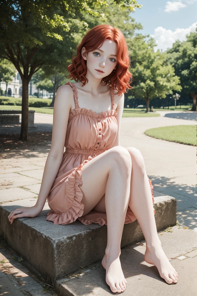 red wavy bob hair, one teen girl, pale skin, blue eyes, short frilled peach color dress, barefoot, in the park, sitting portrait