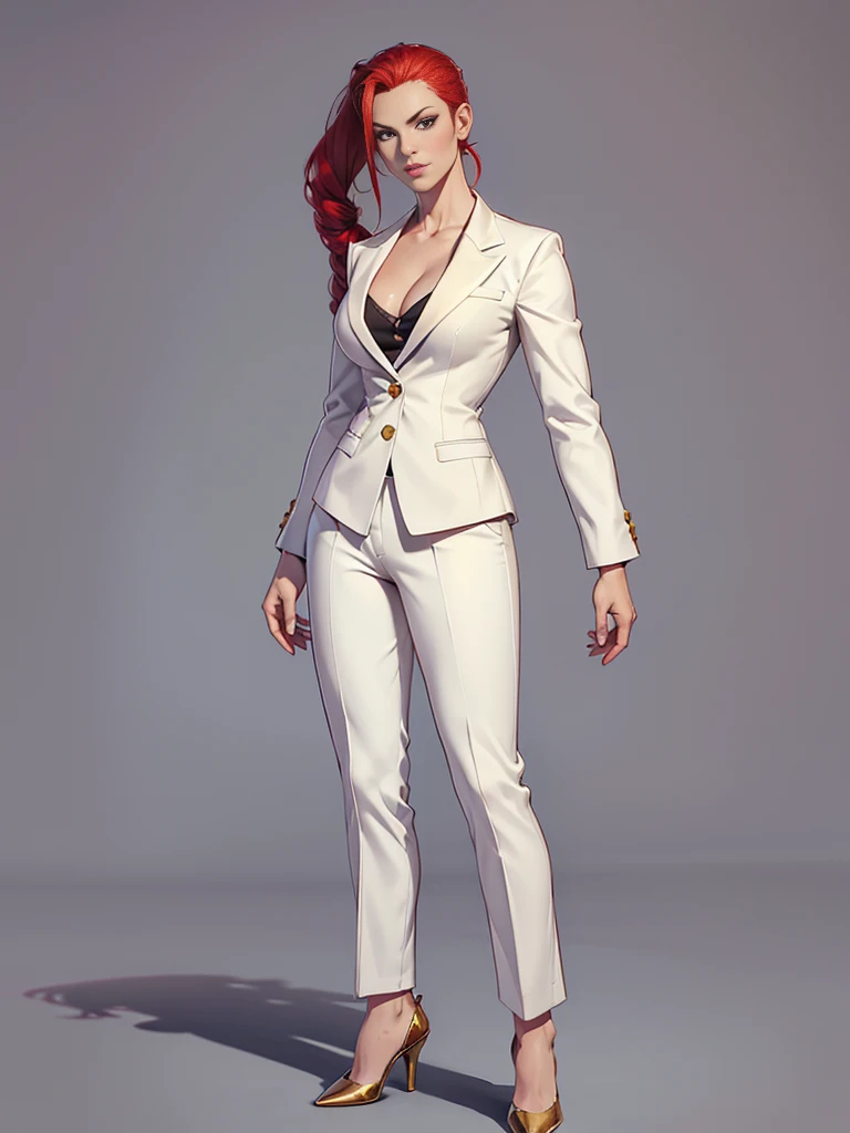 ((best quality)), ((4k)), ((highres)), ((masterpiece:1.2)). ((detailed)), ((ultra realistic)), ((intricate details)), ((full body picture)), ((character design sheet)), ((blank background)), ((standing in a blank background)), solo character, a full body shot of a sexy pale female, inhuman pale skin, ((vampire pale skin))), ((ghostly pale skin)), redhead, ((vivid red hair)), sexy and dangerous, a bit of androgyny, ((a bit of androgyny)), evil smile on her face, long braided low ponytail, ((long braided low ponytail)), about 30 years old, about 6'0 ft tall, athletic frame, character concept art, female executive, blazer suit, dress pants, work pants, white outfit with black details and gold adornments, ((predominantly white outfit)), ((showing cleavage)), gold office heels, fighting game character concept art, tekken character design, the king of fighters character concept