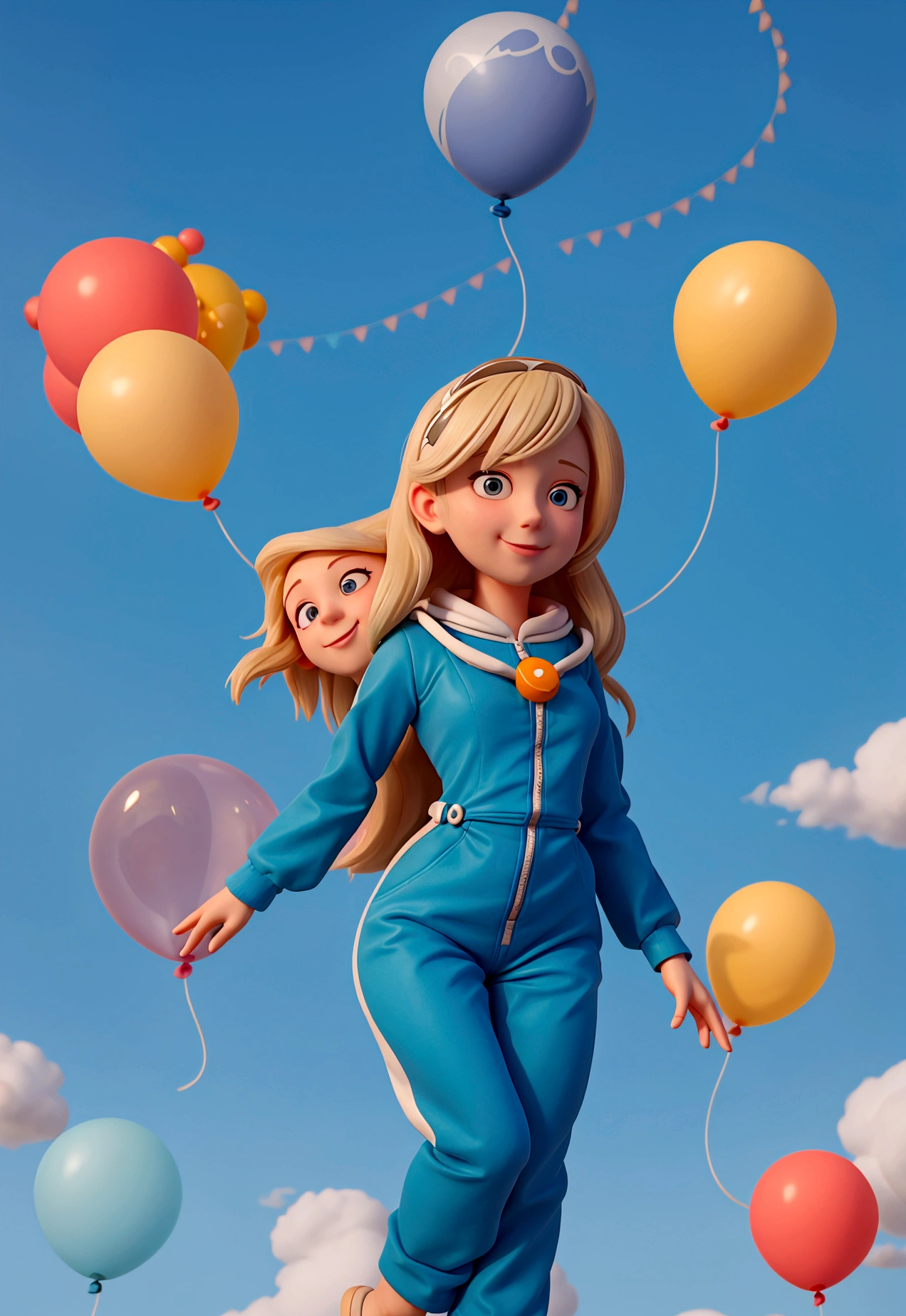 A blonde woman/ of medium hair/  Spaceman/  wearing a long blue jumpsuit/ being carried by balloons towards the sky/  HER BODY IS TILT diagonally showing that she is flying/ She holds all 7 balloons in her right hand, by ropes/ As she is taken to heaven, She smiles and looks at her left hand, as if inviting someone to hold her hand and go with her/  her feet are no longer on the ground, she floats/  her body should not be cropped in the image and her legs are straight/  she conveys sweetness, lightness and joy/  She's alone in the picture/  she is not sexy/ your hand that holds the balloons is directed upwards and the one that calls another person is directed downwards.