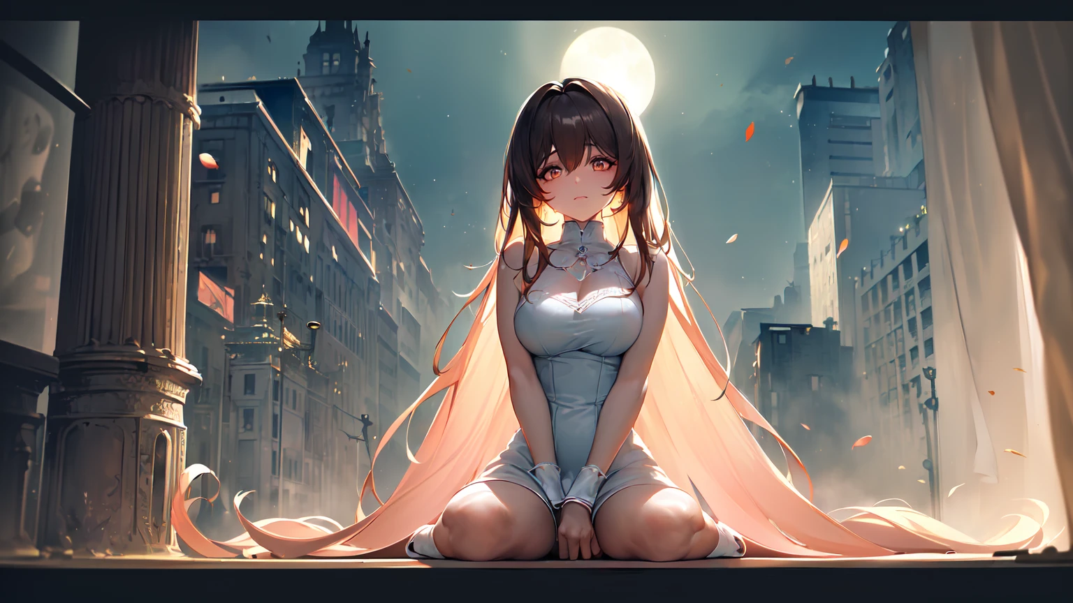 ((((Obra maestra, La mejor calidad, ultrahigh resolution)))), 1girl, kneeling,), ((long pure brown hair, hair over eye)), long hair cut, shiny skin, ((golden eyes)), glowing_eyes, neon eyes, (ultra detailed eyes:0.7, beautiful and detailed face, detailed eyes:0.9), smirk, facing viewer, ((vibrant background, dark lighting, summer, sunlight)), large chested, looking at viewer, ((half closed eyes)), ((perfect hands)), (((head:1, arms, hips in view, elbows, in view))), ((hands behind back)), empty eyes, beautiful lighting, ((outside, outdoors)), defined subject, head tilt, (((gritty)), ((creepy)), ((cool)), ((beautiful)), (((SFW))), hair ornament, petals in the air, moon in the sky, city, mature woman, adult woman, sfw, pink and white dress, night dress, she is a princess, large chest, big ,