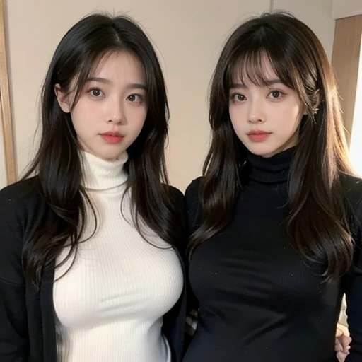 2 women,Mom and mother-in-law,35 years old,人妻 A pregnant woman,pregnant,pregnant,pregnant with twins,10 months pregnant,Pretty Face,Sexy body,Long hair,Wearing a black turtleneck sweater