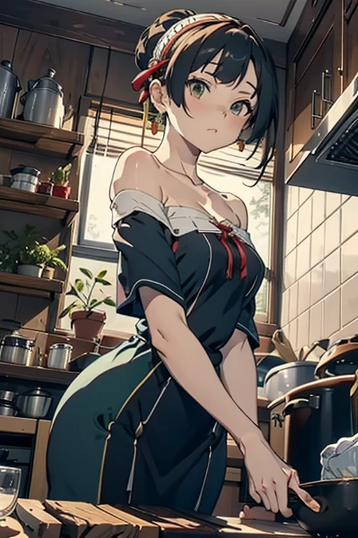 (from below:1.2), (perky chest:1.2), (pointed chest:1.2), 1girl, Bust A Cup, Amazing Cleavage:1.1, thin waist, big ass, Raised sexy, small breast: 1.1 posed cleavage:1.2、solo, looking at viewer, have a cute glass of cute beergrass,black hair, dark green eyes, dress, bare shoulders, jewelry, collarbone, sidelocks, hairband, earrings, indoors, off shoulder, arms behind back, plants, short hair with long locks, gild hairband, off-shoulder dress, sweater dress, off-shoulder sweater, red sweater, dark gord hair, big side hair, very long side hair,is rendered in (masterpiece: 1.2, best quality), with (ultra high resolution) and an exquisite (depth of field). This masterpiece is not only visually stunning but also tells,A scene of cooking in the kitchen