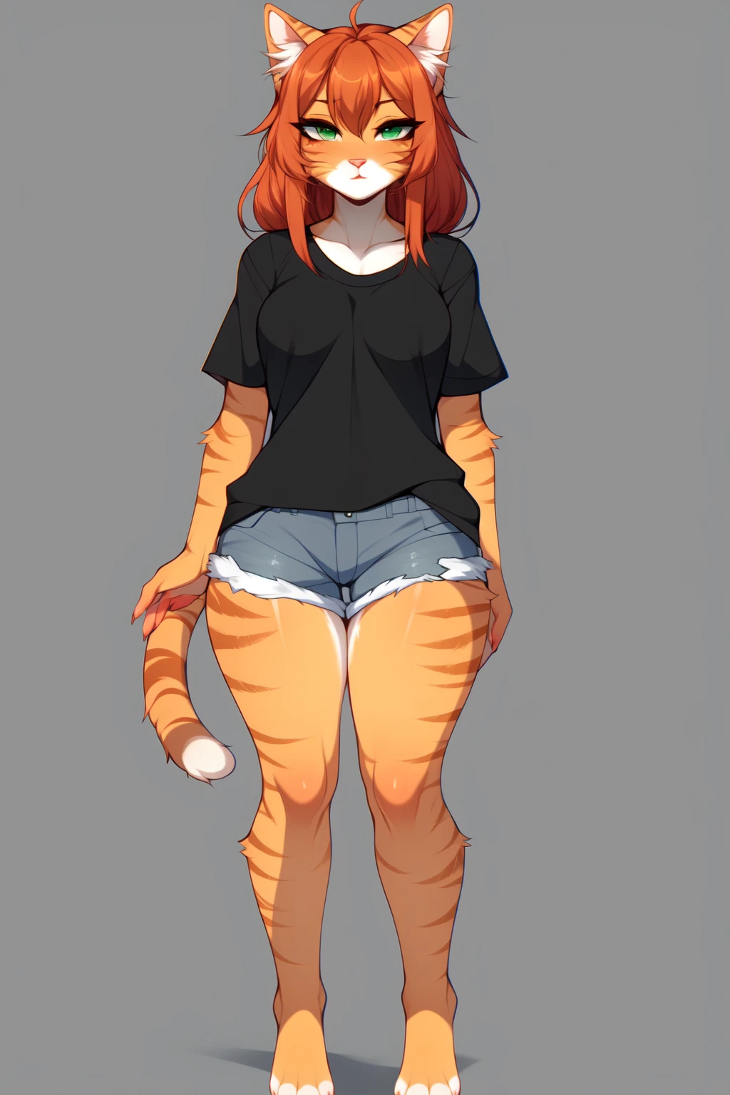 Solo:1.3, cute orange anthro tabby cat female, tabby cat ears, long red hair, green eyes, pink nose, cute snout, orange tabby cat tail, barefoot, wearing black t shirt, jean shorts, barefoot, 4 toes, by fumiko, by claweddrip, by hyattlen, raised eyebrows, simple background, standing