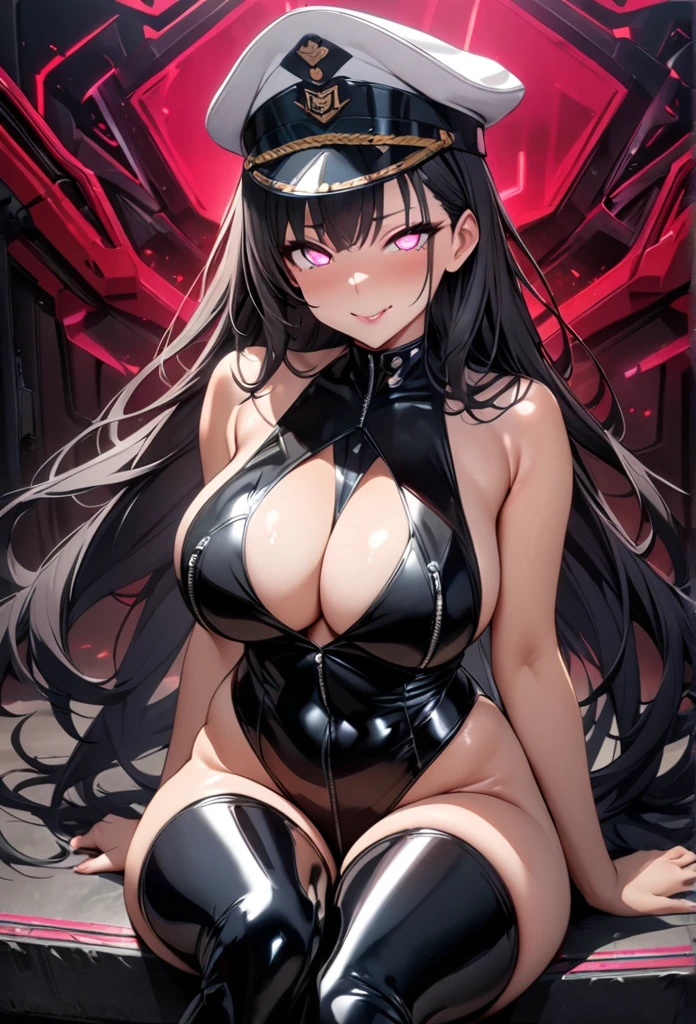masterpiece, best quality, 1lady,black hair,long hair,glowing eyes, (finely detailed empty pupils and detailed face),,,,extremely detailed picture unity 8k wallpaper,solo,(latex military costume:0.9),large breasts,seductive smile,military hat,latex thighhigh,large breasts,black hair,pink eyes,black leotard,pantyhose,no sleeve,enamel suits,grossy lips,sitting,bust shot,sadistic smile,,heel,