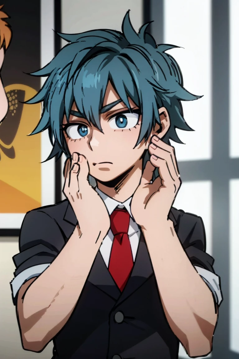 1boy, male focus, solo, muscular body, short hair, messy hair, blue hair, dark blue streaks, pink eyes, gray jacket, red tie, white shirt, teal pants, mlpsonata, MHA Style, Manhwa style, anime style, perfect eyes, perfect face, model face, boy