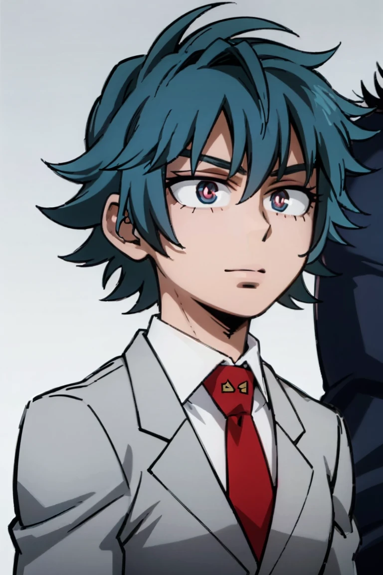 1boy, male focus, solo, muscular body, short hair, messy hair, blue hair, dark blue streaks, pink eyes, gray jacket, red tie, white shirt, teal pants, mlpsonata, MHA Style, Manhwa style, anime style, perfect eyes, perfect face, model face, boy