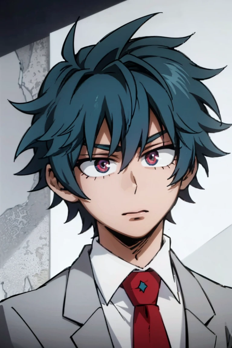 1boy, male focus, solo, muscular body, short hair, messy hair, blue hair, dark blue streaks, pink eyes, gray jacket, red tie, white shirt, teal pants, mlpsonata, MHA Style, Manhwa style, anime style, perfect eyes, perfect face, model face, boy