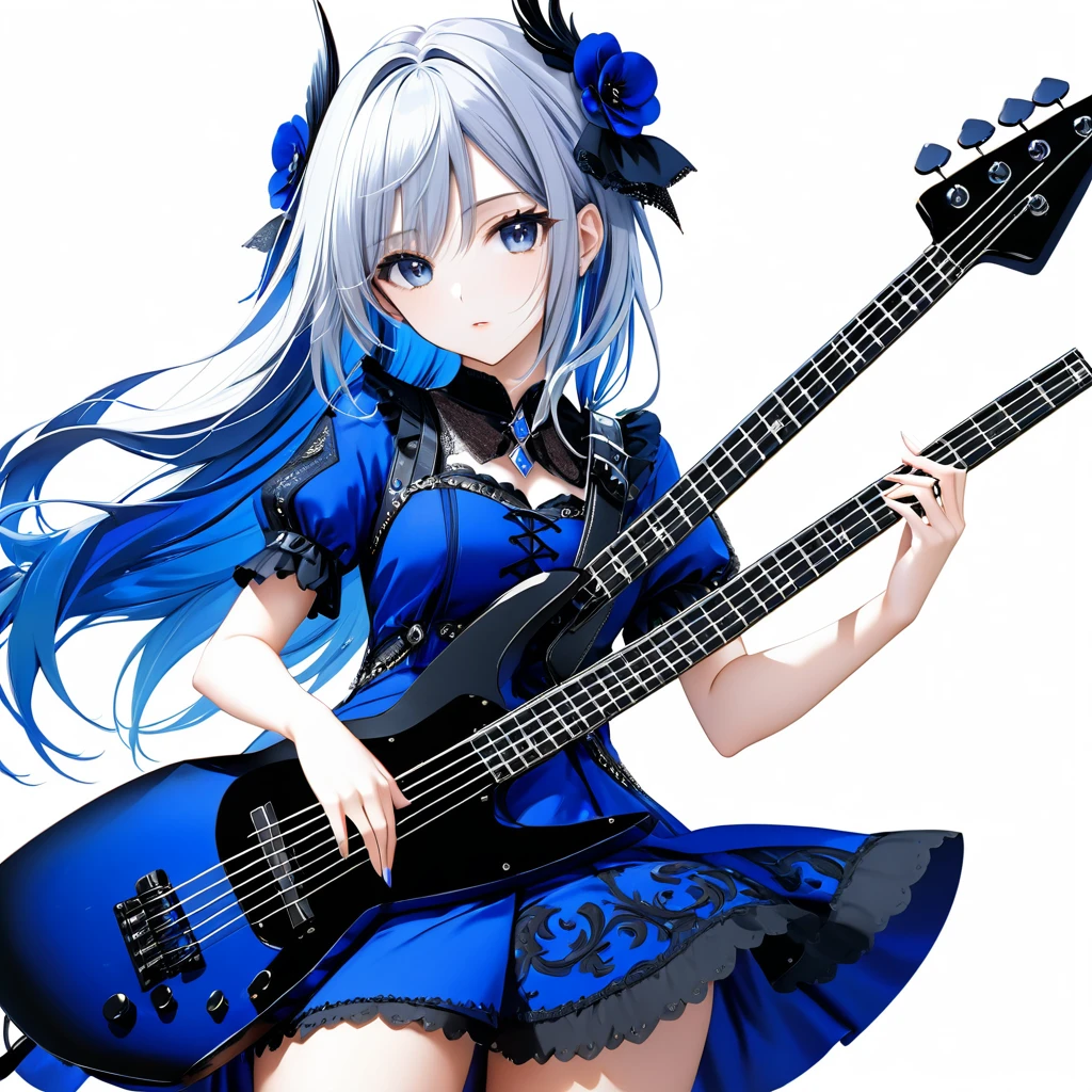 (((White background:1.5)))、(very wide shot)、(masterpiece、Ultra HD、Highest quality、Masterpiece、４K:1.2)、Slender body、Playing a black electric bass,Scandinavian Metal Girl, Intense gaze into the camera, Intricate details, Highly detailed eyes, Highly detailed fingers、Blue semi-long hair、Blue Gothic Dress, Intricate details、Are standing、Dynamic movement
