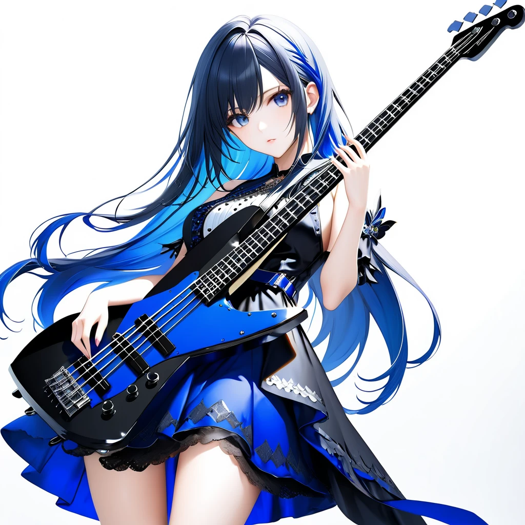 (((White background:1.5)))、(very wide shot)、(masterpiece、Ultra HD、Highest quality、Masterpiece、４K:1.2)、Slender body、Playing a black electric bass,Scandinavian Metal Girl, Intense gaze into the camera, Intricate details, Highly detailed eyes, Highly detailed fingers、Blue semi-long hair、Blue Gothic Dress, Intricate details、Are standing、Dynamic movement
