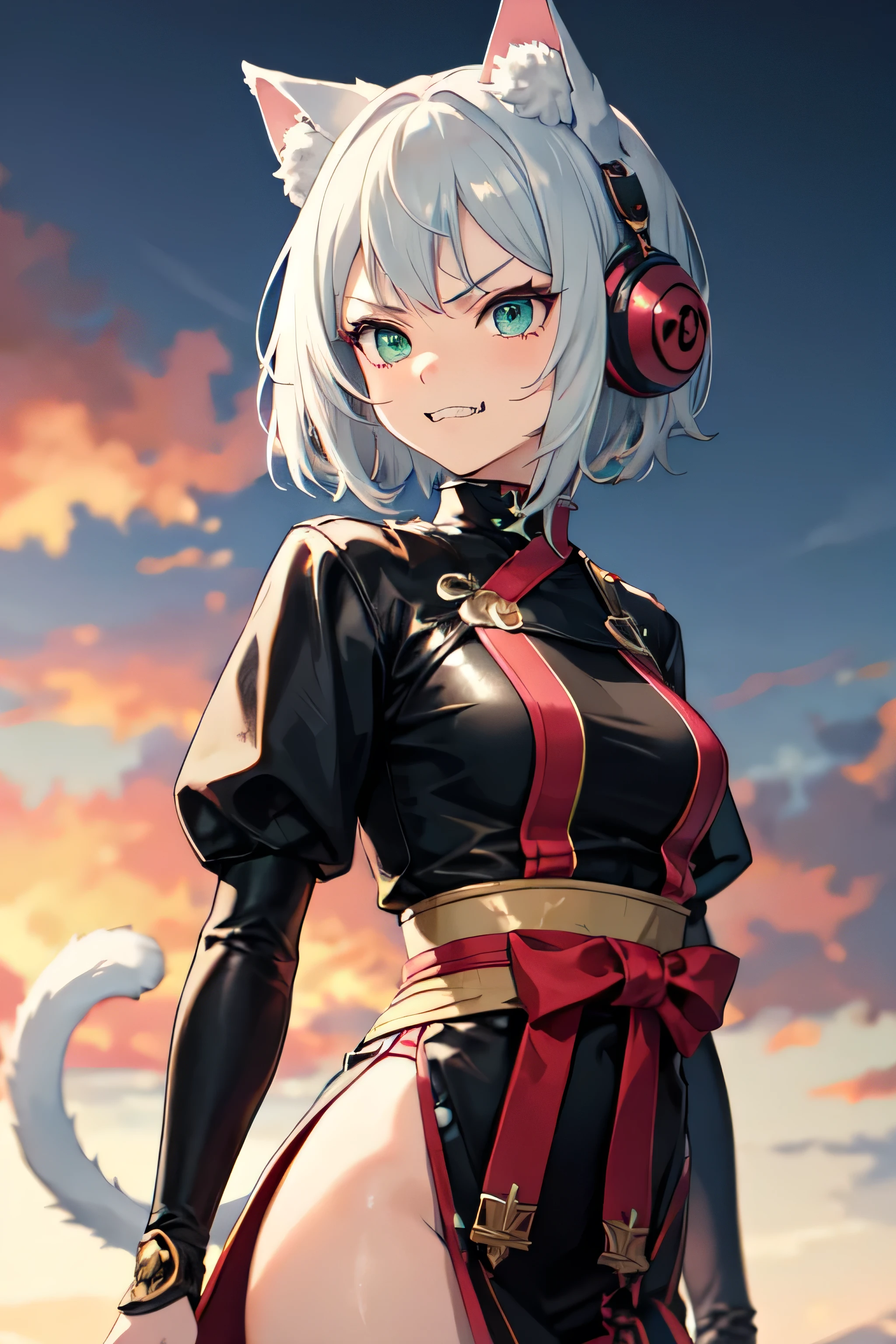 16 year old loli with anime style eyes with an angry face **Hair and ears:** - The character in the image has short hair, cut at ear level, with straight bangs that cover part of the forehead. Hair color is a light shade of green, almost pastel. . **badass clothing:** - she has a pointy smile with sharp teeth with a red straight-brimmed cap with neko ears facing backwards, she has a brown samurai outfit with a cat's tail and she carries a gray sledgehammer