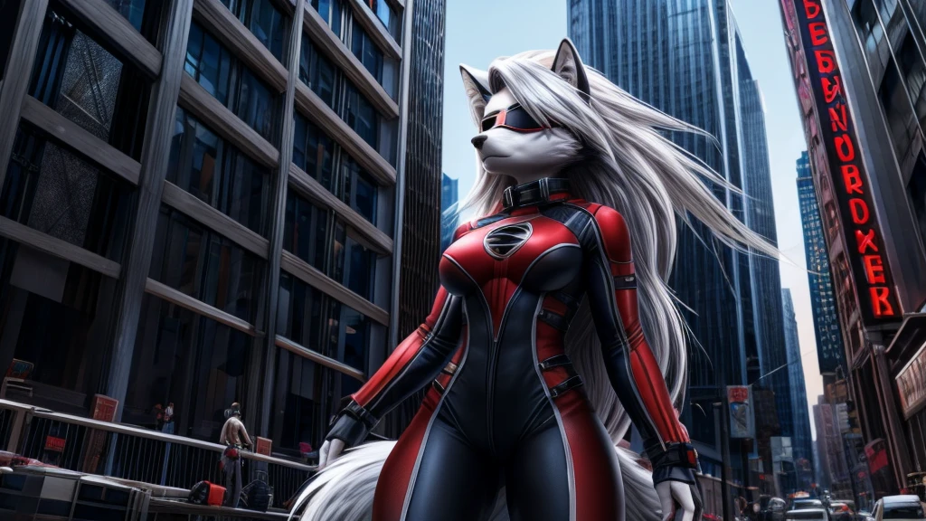 Loona from Helluva Boss, she is a white wolf that have soft short fluffy white hair, using a black blindfold and a white with black stripes suit that at same time is tough, is light to allow fast movement similar to Daredevil suit, however mixed with Black Widow white suit, she is standing, at a building, in New York, seriously and coldly, 4K, detailed, solo, beautiful, high quality, 4K