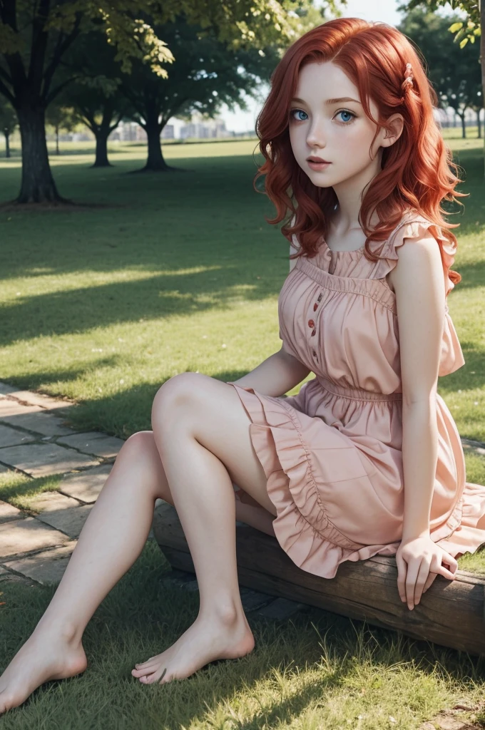 red wavy bob hair, one  girl, pale skin, blue eyes, short frilled peach color dress, barefoot, in the park, sitting portrait