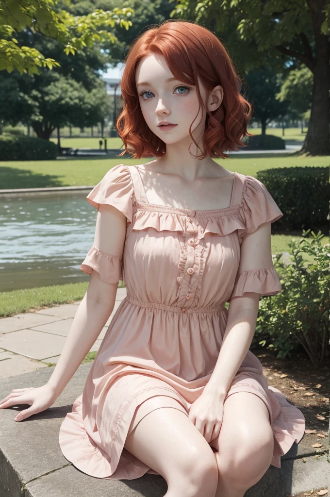 red wavy bob hair, one  girl, pale skin, blue eyes, short frilled peach color dress, barefoot, in the park, sitting portrait