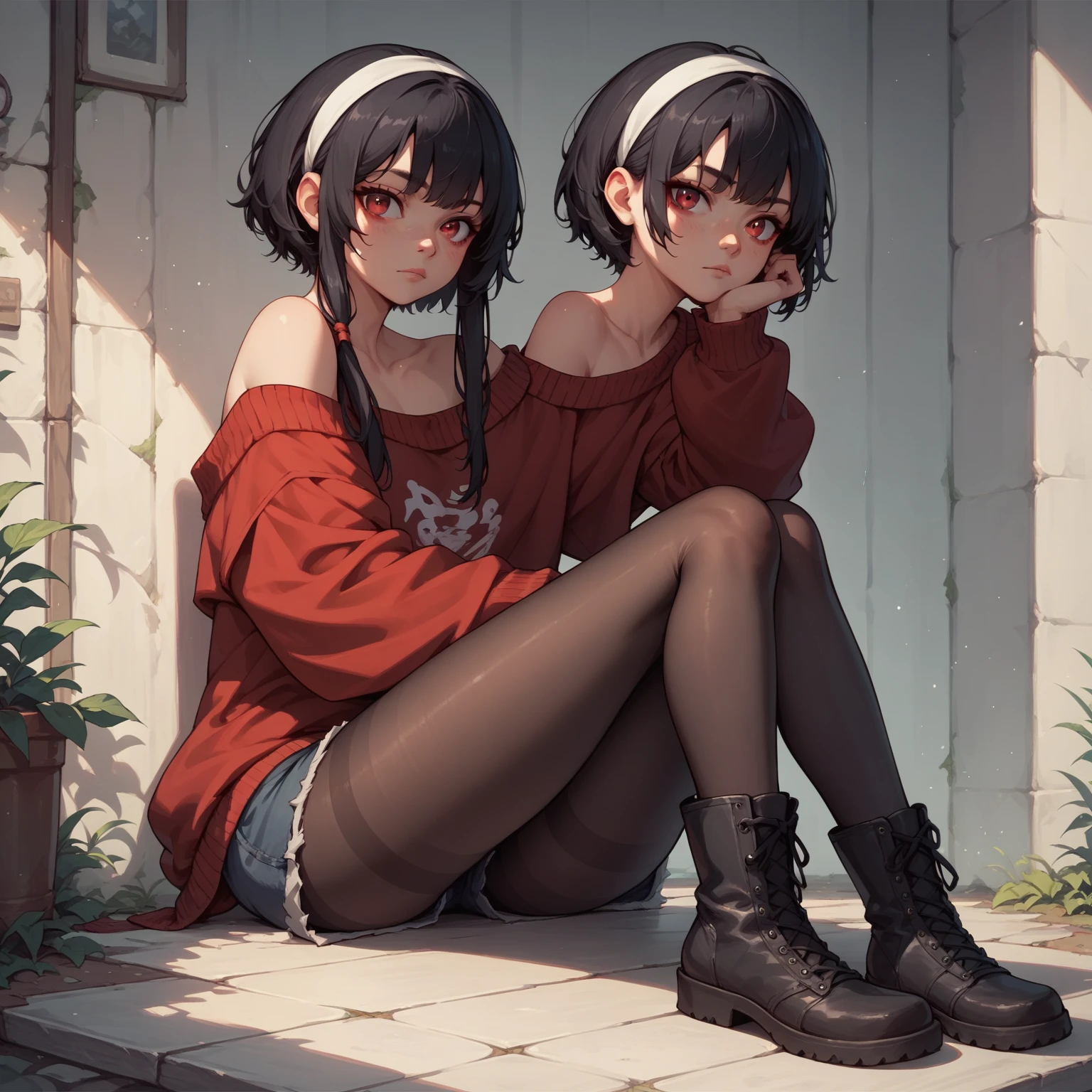 looking at viewer,
solo,
YorForger,1girl,black hair,red eyes,short hair with long locks,
white hairband,
off shoulder,red sweater,
black pantyhose,
boots,
sitting,