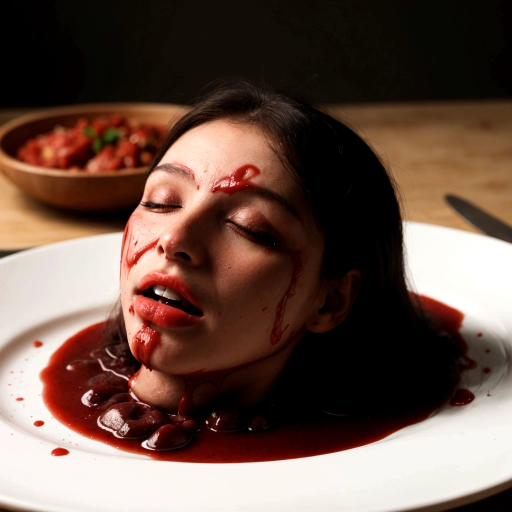 decapitated female head on a plate, covered in flesh, full of blood, ((eyes closed)), served like a food dish, bloody, photorealistic, 4K, Nikon, horror