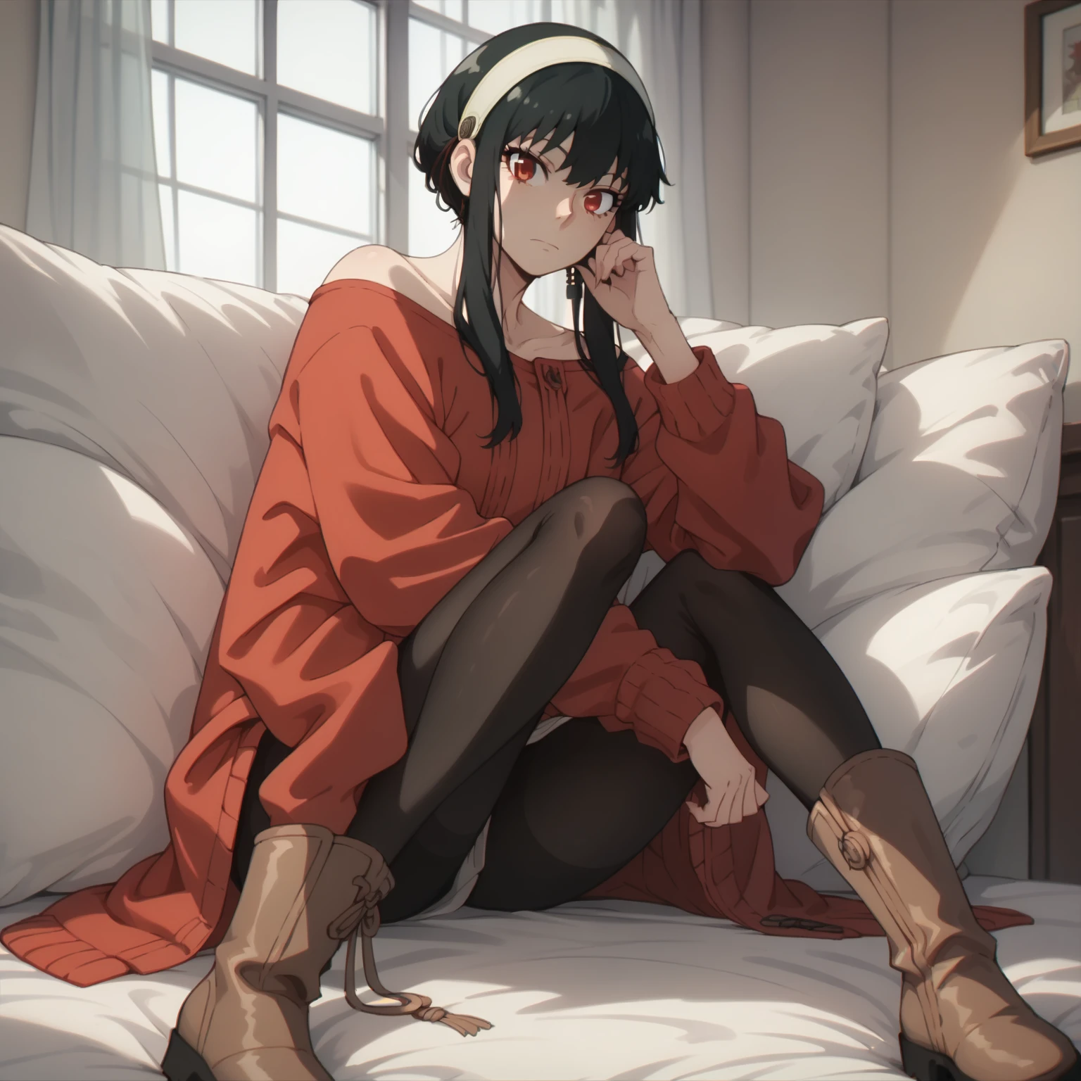 looking at viewer,
solo,
YorForger,1girl,black hair,red eyes,short hair with long locks,
white hairband,
off shoulder,red sweater,
black pantyhose,
boots,
sitting,