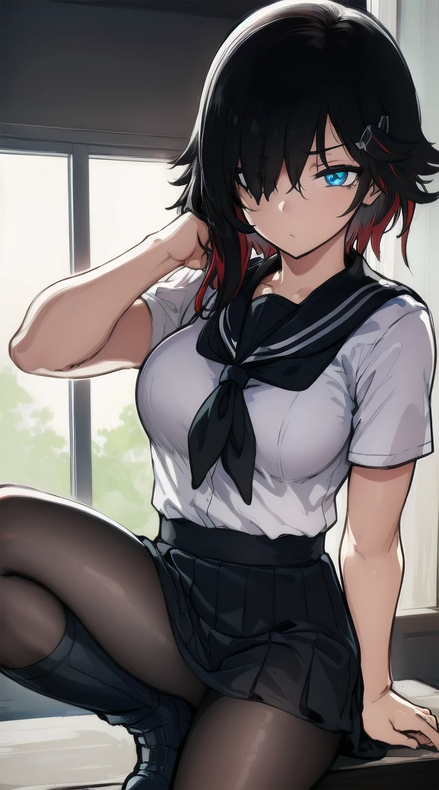 1girl,((black red multicolor hair)),((grey eyes ))
BREAK (( flat breasts, hair ribbon, thighs, , ruby rose, black hair, short hair,ruby_rose, boots, pantyhose,t
:1))
BREAK ((blank eyes, highschool uniform, mind control,:1.4))
BREAK indoors,
BREAK looking at viewer,
BREAK (masterpiece:1.2), best quality, high resolution, unity 8k wallpaper, (illustration:0.8), (beautiful detailed eyes:1.6), extremely detailed face, perfect lighting, extremely detailed CG, (perfect hands, perfect anatomy),