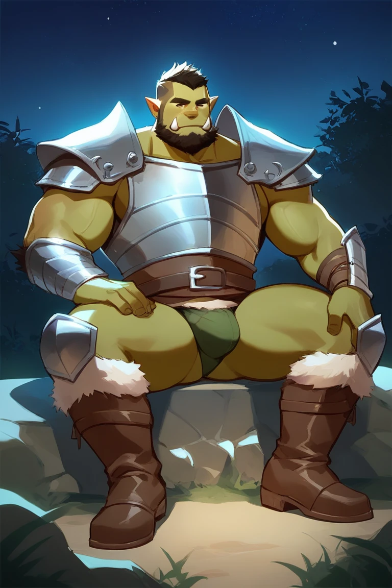 score_9, score_8_up, score_7_up, solo, male focus, bulk male, orc, green skin, tusks, beard, outdoors, micro armor , shoulder armor, breastplate, upper body, closed mouth, pauldrons, night, night sky , (( micro briefs )) , full body , boots , laying spread legs , legs up , massive ass