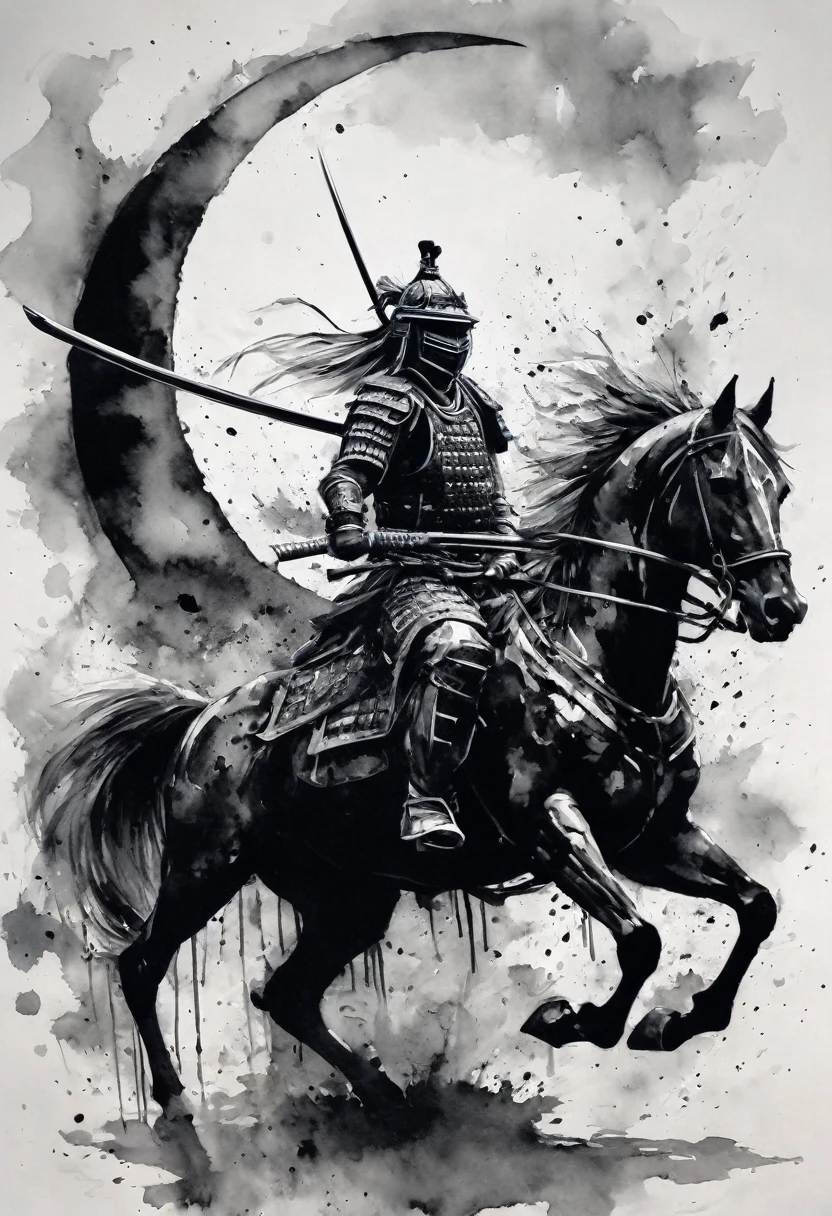 Black and white painting,Ink Painting,Draw a crescent moon with brush splashes,Warrior,(face mask,samurai armor),Holding a gun,Armored horse,horse riding,