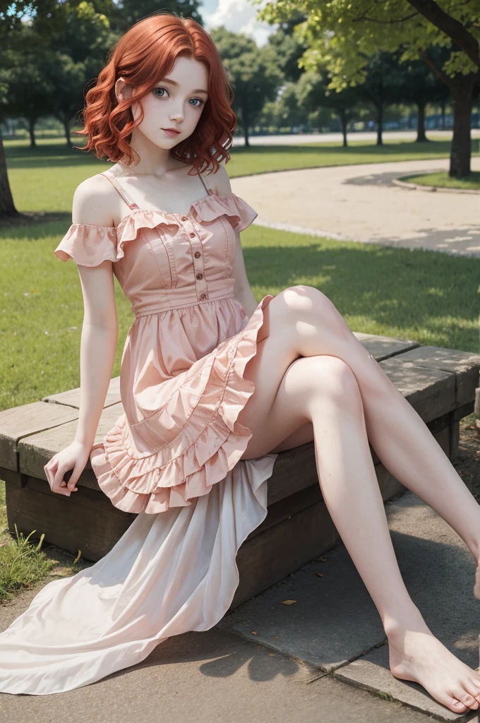 red wavy bob hair, one teen girl, pale skin, blue eyes, short frilled peach color dress, barefoot, in the park, sitting portrait