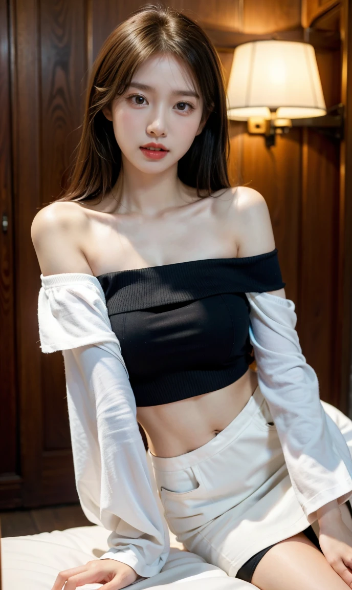 Ulzzang-6500-v1.1, (RAW Photos:1.2), (Realistic:1.4), 美しい詳細な女性 Very detailed eyes and face, Beautiful and detailed, Ridiculous, 信じられないほどRidiculous, Huge file sizes, Very detailed, High resolution, Very detailed, Highest quality, Tabletop, ((off-the-shoulder white shirt)), shape, Very detailed, Hmph, Unified, 8k wallpaper, wonderful, Finer details, Tabletop, Highest quality, Highly detailed Hmph unity 8k wallpaper, Face Light, Cinema Lighting, One Girl, , ((Very detailed)), ((Dynamic pose))), (Close ~ eyes), (Grit your teeth),((Troubled face)),Black mini skirt,((Droopy eyes)),Leaning forward、Please place your hand on your chest、belly button、