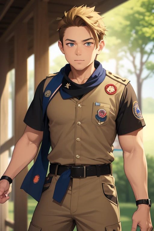 1 boy 15 years old hold together, smile, ((Wear a kaki boy scout uniform)), (Dark blue shorts:1.2),brown belt, black shoes, very handsome Korean guy , Japnese anime model men, (High gloss details), blood vessel, Big muscles, Broad shoulders, looking at the audience, Balancing the big black eyes, background the forest