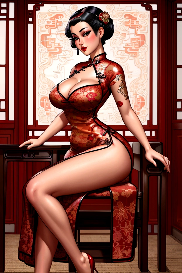 ((Masterpiece, top quality, high resolution)), ((highly detailed CG unified 8K wallpaper)), (huge stunning goddess shot, very hot and sexy, jaw-dropping beauty, perfect proportions, beautiful body, slim body beauty:1.1), ((Woman in Lace Long Cheongsam Dress)), there is a woman sitting on a chair with a cigarette in her hand, pinup art, girl pinup, 1920s geisha, pinup, oriental art nouveau, pin up girl, pin-up poster girl, pinup pose, inspired by Alberto Vargas, pinup girl, retro pinup model, pin - up girl, vintage pin up,