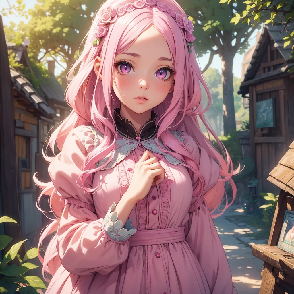 1girl, beautiful detailed eyes, beautiful detailed lips, extremely detailed eyes and face, long eyelashes, pink hair, pink eyes, villager girl outfit, cute, adorable, kawaii, fantasy, magical, whimsical, soft colors, pastel colors, warm lighting, natural lighting, cinematic, high quality, 8k, detailed, photorealistic, masterpiece