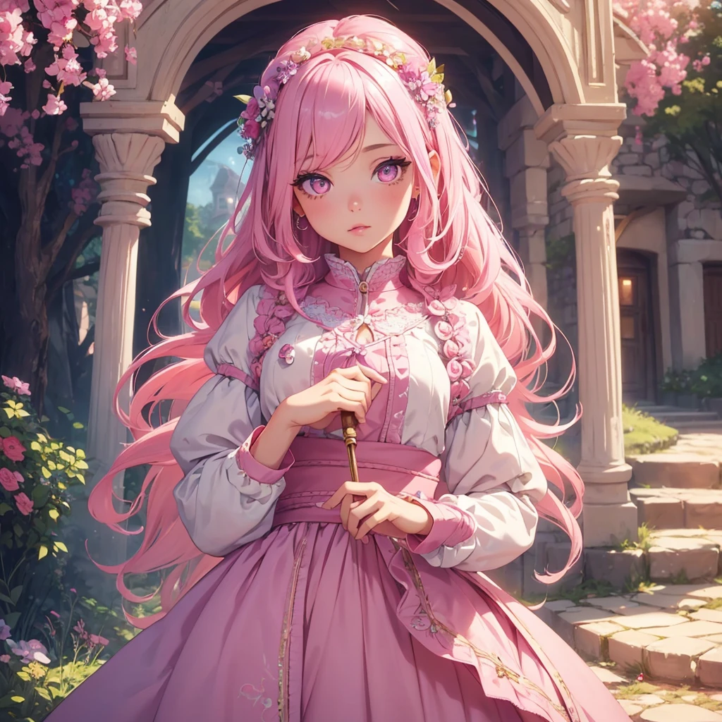 1girl, beautiful detailed eyes, beautiful detailed lips, extremely detailed eyes and face, long eyelashes, pink hair, pink eyes, villager girl outfit, cute, adorable, kawaii, fantasy, magical, whimsical, soft colors, pastel colors, warm lighting, natural lighting, cinematic, high quality, 8k, detailed, photorealistic, masterpiece