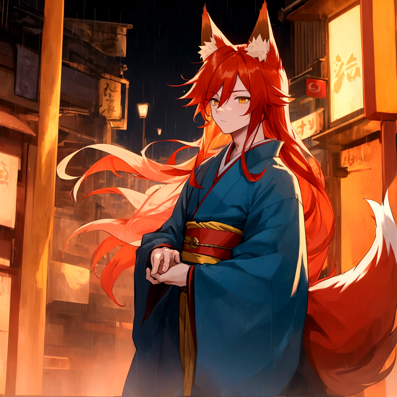 a boy, with long red-blond hair, yellow eyes, he wears a blue and red kimono, he has fox ears and a fox tail. in the rain on the city streets.