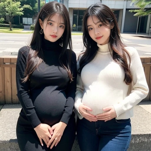 2 women,Mom and mother-in-law,35 years old,人妻 怀pregnant woman,pregnant,pregnant,怀着双胞胎的pregnant with twins,10 months pregnant,Pretty Face,Sexy body,Long hair,Wearing a black turtleneck sweater