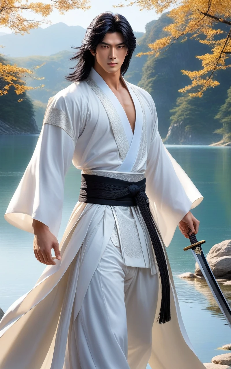 A young man with thick jet black hair, Medium long hair, Clear and bright eyes, a relaxed and serene demeanor, beautiful features, It is located next to a vast, sparkling lake., Dressed in a loose white robe, The hem flowing gracefully in the wind, wide sleeves, A sky blue sash is tied around her waist, He wears loose white pants, he holds A long sword with a black scabbard, A long sword with a black scabbard, he radiates an aura of transcendence and elegance under the sunlight, under the sunlight, This character embodies a finely crafted Chinese martial hero design in anime style, characterized by a sophisticated and mature manga illustration art style, High Definition, Best Quality, high resolution, ultra detailed, ultrafine paint, extremely delicate, professional, anatomically correct, symmetrical face, extremely detailed eyes and face, high quality eyes, Creativity, photo and gross, UHD, 8k, natural light, cinematic lighting, Masterpiece:1.5
