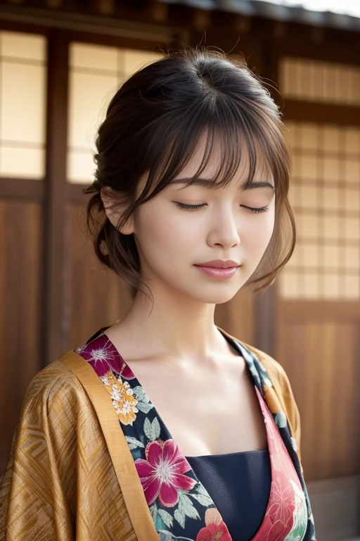 masterpiece、Highest quality、High resolution、Tabletop、wallpaper、Realistic、Bright lighting、Professional Lighting、Face Light、Smooth lighting、Japanese women、Adult female、Beautiful woman、、Modeled、gravure、ly、so beautiful、Beautiful Skin、Beautiful and exquisite、Detailed face、slim、Large Breeavage 、ir、Brunette colored hair、Brown eyes、Japanese Kimono、Japanese Yukata、(Eyes closed:1.5)、(Expression of enduring pain:1.5)、(Expression of enduring pain:1.5)、The man is in front of the woman、He has his face close to the woman's chest、Love hotel room、