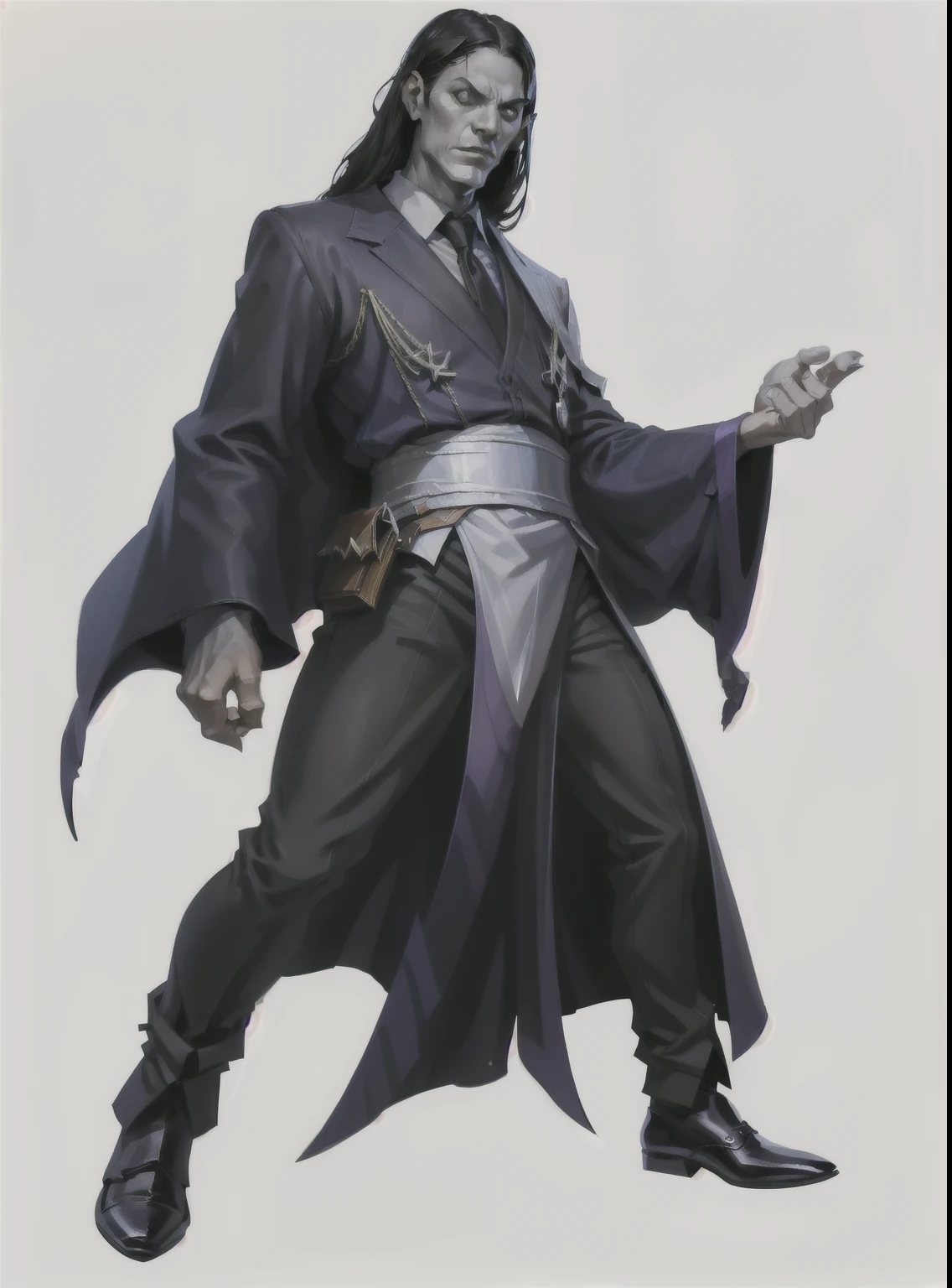 I want a character with white background, png, Full body image, a prefect man, black hair, evil face, sarcastic, black clothes, upright posture and pointy shoes
