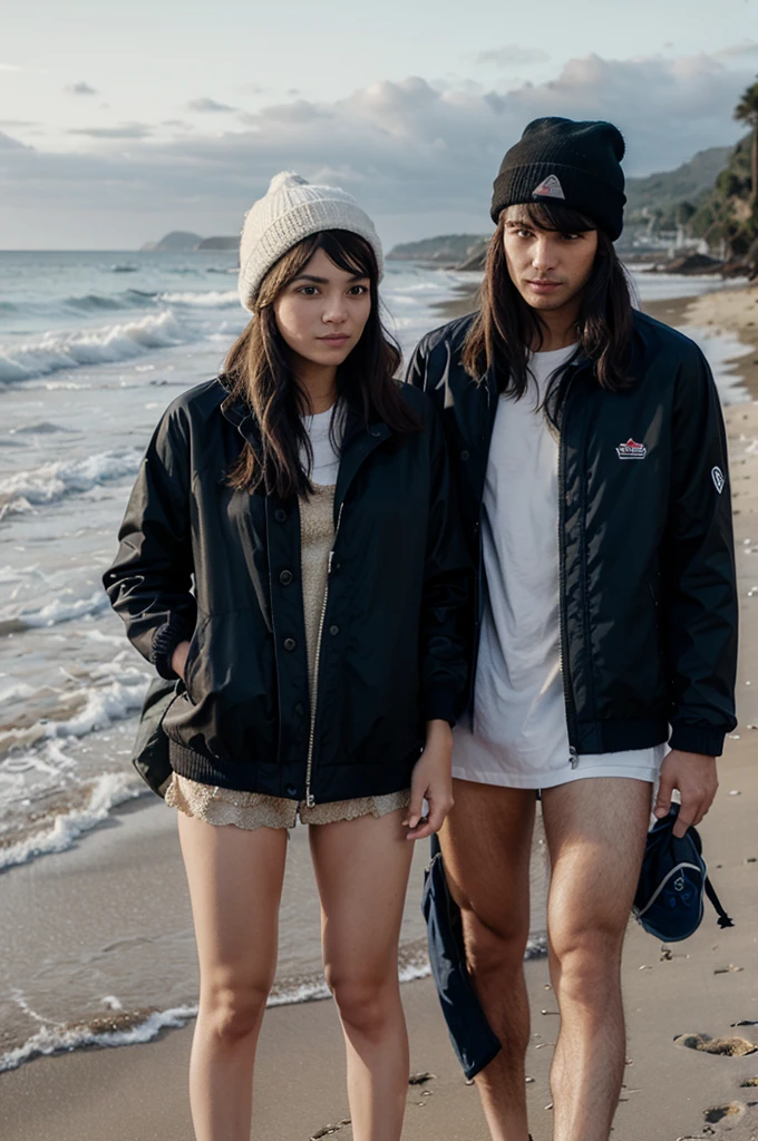 Photo of people on the beach wearing jackets and hats