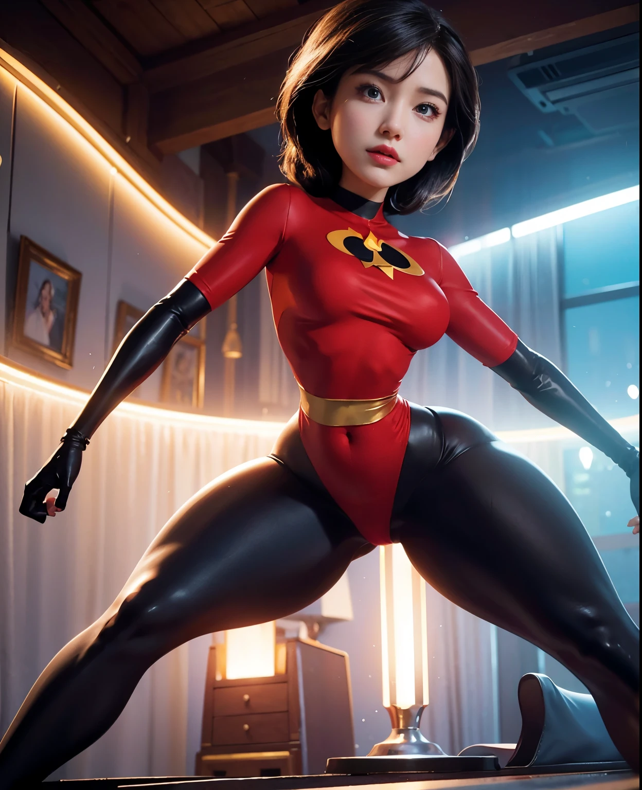 Helen Parr demonstrating her vibrant power with her elegant and ultra-realistic appearance. Her tight supersuit perfectly highlights her hourglass figure, accentuating her beautiful body. The attention to detail is impeccable, Capture every curve and contour. The high quality of this artwork immerses viewers in an ultra-detailed experience, allowing them to appreciate the realistic portrait of Helen Parr. This work of art exudes a sense of vitality, with vivid colors that give life to the scene. The lighting is carefully crafted., enhancing the depth and dimension of the composition. The artist masterfully captures Helen Parr&#39;s mesmerizing twerking movement, showing off his incredible flexibility and athleticism. NSFW content is portrayed sensually, emphasizing Helen Parr&#39;s impressive attributes. The general aesthetic perfectly combines portraiture and contemporary art, resulting in a visually captivating masterpiece.