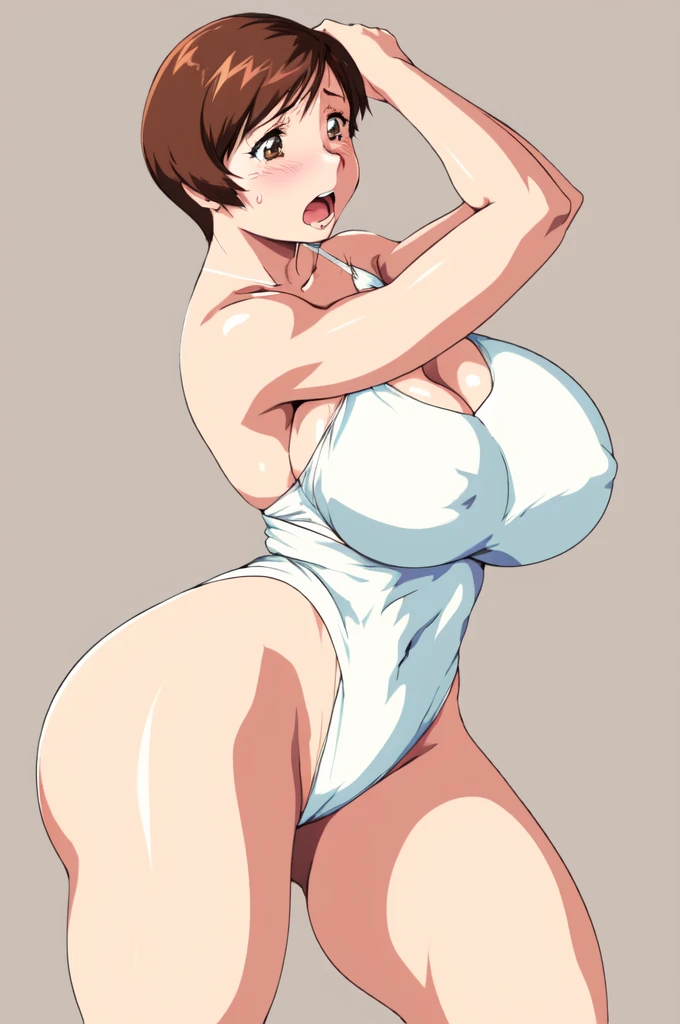 masterpiece, highest quality, High resolution, One girl, solo, sexual intercourse, Pornographic images, short hair, etsukoto, brown Eyes, fine grain, fine grain, (((Thick thighs, Plump thighs, Voluptuous thighs, Thighs alone are enough))), Huge and ample breasts, Cleavage, big long breasts, Naughty big,((big breasts are important))、((Naughty thighs)), L Cup, (thin:1.4),(Tight waist:1.4),  (white swimsuit:1.4), anguish, open mouth, blush, (((Simple Background))), ((Wide Hips)), Shiny, Oily skin, Mature mother, Calf, Seductive mature woman, milf, Perfect body, Plus Size Model, curvy, ample, etsukoto, blush, clavicle, retro artstyle, 1990s (style), (thick thighs:1.4), bursting breast, arms up, from side,