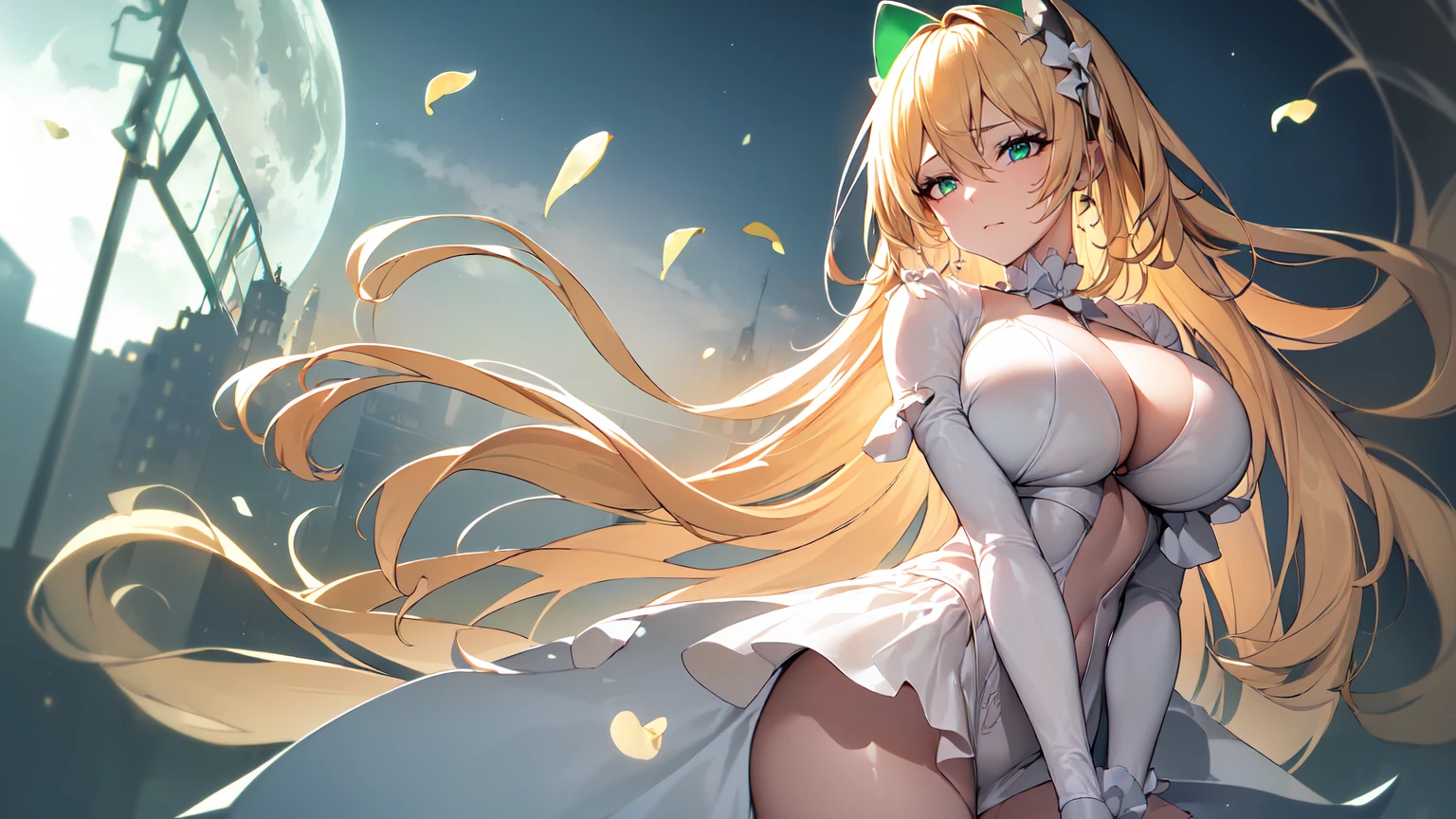 ((((Obra maestra, La mejor calidad, ultrahigh resolution)))), 1girl, sitting,), ((long pure blonde hair, hair over eye)), long hair cut, shiny skin, ((green eyes)), glowing_eyes, neon eyes, (ultra detailed eyes:0.7, beautiful and detailed face, detailed eyes:0.9), smirk, facing viewer, ((vibrant background, dark lighting, summer, sunlight)), large chested, looking at viewer, ((half closed eyes)), ((perfect hands)), (((head:1, arms, hips in view, elbows, in view))), ((hands behind back)), empty eyes, beautiful lighting, ((outside, outdoors)), defined subject, head tilt, (((gritty)), ((creepy)), ((cool)), ((beautiful)), (((SFW))), hair ornament, petals in the air, moon in the sky, city, mature woman, adult woman, sfw, pink and white dress, night dress, she is a princess, large chest, big ,