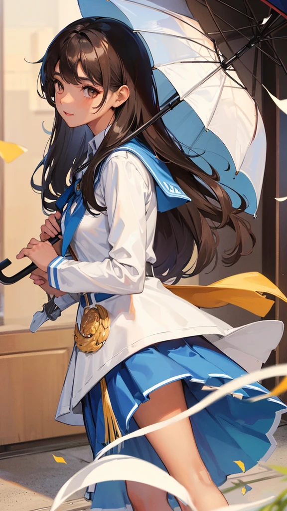 A beautiful student girl with straight black hair, Half bangs, tanned skin, Brown eyes, dressed in a white uniform and blue skirt, carry an umbrella