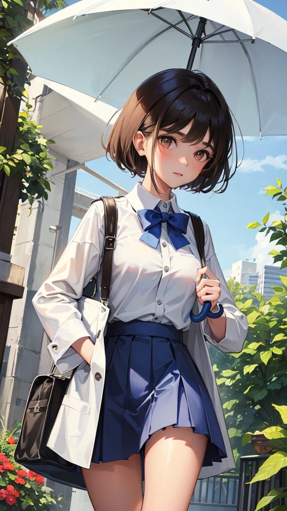 A beautiful student girl with straight black hair, Half bangs, tanned skin, Brown eyes, dressed in a white uniform and blue skirt, carry an umbrella