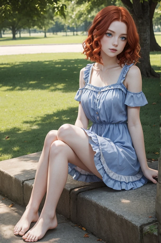 red wavy bob hair, one teen girl, pale skin, blue eyes, short frilled peach color dress, barefoot, in the park, sitting portrait