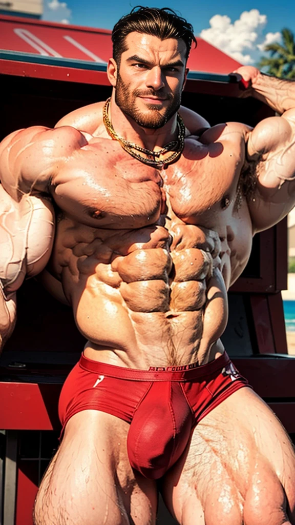 Escanor, bare-chested, massive bulge in the beach underwear, hairy legs wide open, thick thighs, muscular giant, 3 meters tall bodybuilder, flexing, massive biceps, oversized biceps are 240 inches, with long oversized arms, bulging muscles, prominent veins, broad shoulders, beefy build, hefty, muscle swelling, very hot male, beefy pecs, hairy chest, six-pack ABS, hairy abdomen, hairy groin, manly, handsome male, wide jawline, full of muscles veins, stare straight, much testosterone, tough guy, small gold necklace, shy smile.